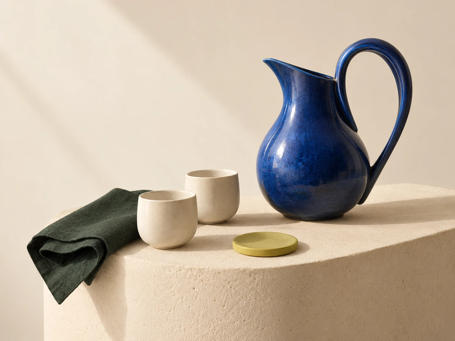 Illustrative ceramic objects with a cobalt pitcher.