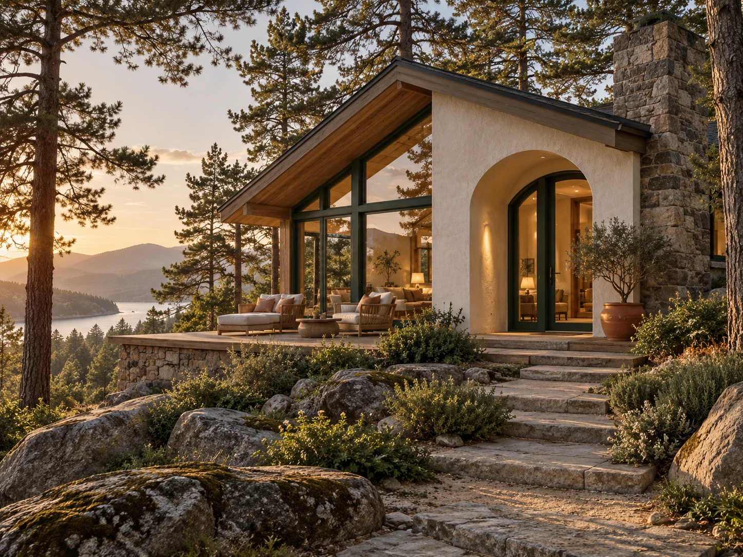 A fictional forest retreat in warm evening light.